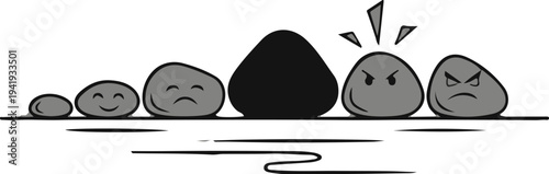 A line of cartoon rocks, from happy to enraged, with a large dark rock blocking progress