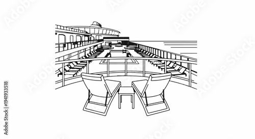 A linear drawing of a cruise ship's deck with loungers and a pool