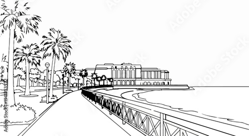 A linear drawing depicts a coastal promenade with palm trees, a building, and the sea