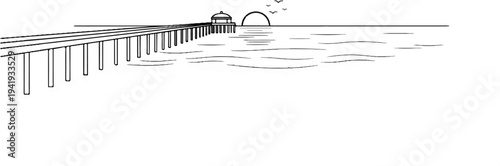 A linear pier extends over wavy water towards a domed structure at sunset