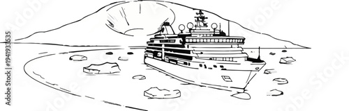 A liner navigates icy waters near a mountainous shoreline under a stylized sun