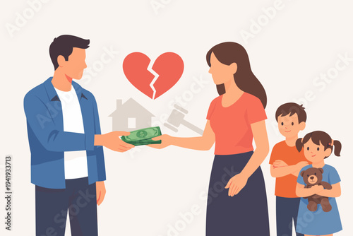 Flat Vector Illustration of a Man Giving Alimony or Child Support Money to His Former Wife After Divorce, with Children Standing Nearby and Legal Symbols Like a Gavel and Broken Heart.