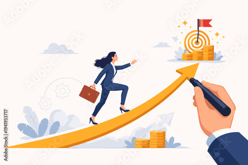 Businesswoman walking up an upward arrow drawn by a mentor hand towards a target with coins and a flag, symbolizing career growth, financial success, professional guidance, and achievement.