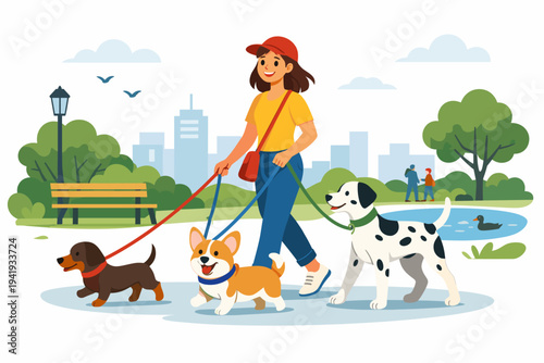 Happy Young Woman Walking Three Different Dogs in a City Park. Flat Vector Illustration of a Professional Dog Walker with a Dachshund, Corgi, and Dalmatian on Leashes Outdoors on a Sunny Day.