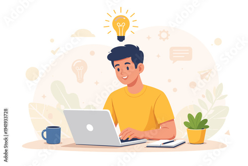 Creative young man working on a laptop with a glowing light bulb idea above his head, representing innovation, problem solving, and inspiration in a simple flat vector illustration style.