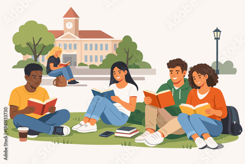Diverse group of multiethnic university students sitting on the grass at a college campus, reading books and studying together in front of a school building with a clock tower vector illustration