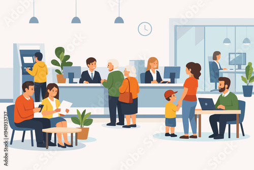 Modern Bank Office Interior Vector Illustration with Professional Employees at Service Counters and Diverse Customers, Including Seniors and Families, Using ATM and Consulting with Staff.