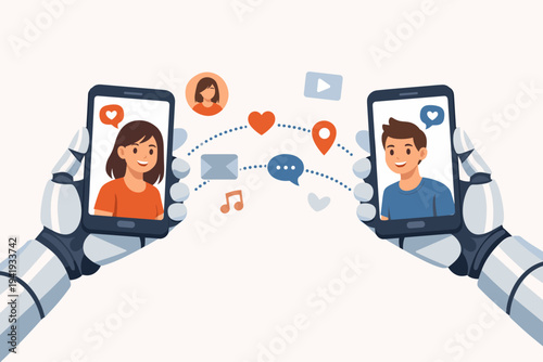Vector Illustration of Robot Hands Holding Two Smartphones Connecting a Young Couple via Social Media Platform with Icons for Messaging, Video, and Music, Representing AI-Driven Digital Connection