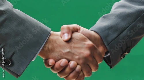 Business handshake in professional attire with firm grip in studio lighting on green background for corporate partnership