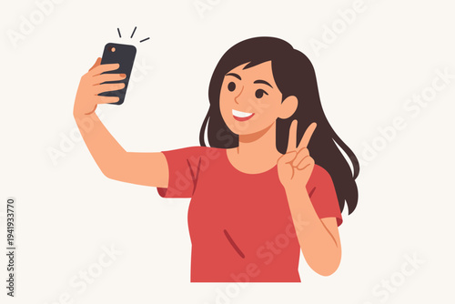 Flat vector illustration of a happy young woman with long dark hair taking a selfie on her smartphone while making a peace sign gesture. Girl using a mobile phone for social media and photos.