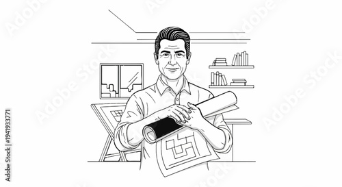 A man in a collared shirt holds blueprints and a rolled-up plan