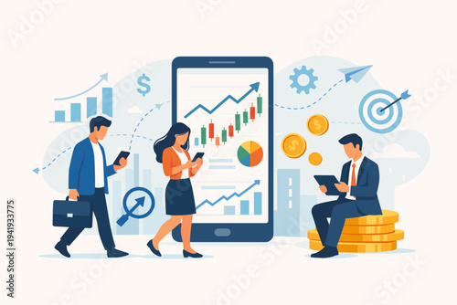 Flat vector illustration of business people using mobile app technology to track financial trends, stock market charts, and investment data for wealth management and digital trading success.