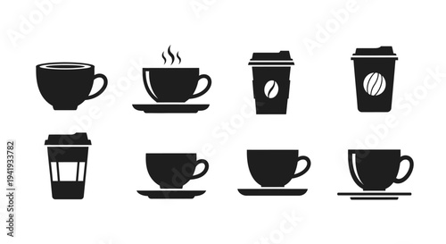 Minimal coffee cup silhouette vector set featuring four modern coffee cup designs including classic mug with steam, takeaway coffee cup, circular badge emblem, and elegant cafe mug silhouette.