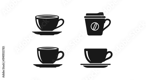 Minimal coffee cup silhouette vector set featuring four modern coffee cup designs including classic mug with steam, takeaway coffee cup, circular badge emblem, and elegant cafe mug silhouette.