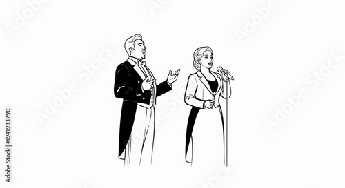 A man in a tuxedo and a woman in a suit singing into a microphone