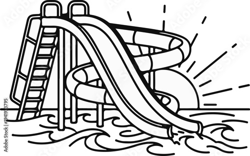 A playful water slide with winding tubes and stairs plunges into wavy water