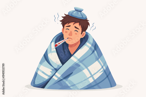 Sick Man Wrapped in a Blue Plaid Blanket with a Thermometer in His Mouth and an Ice Pack on His Head, Suffering from High Fever, Flu, or Cold Symptoms, Flat Vector Illustration Isolated on White