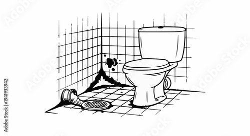 A messy bathroom scene with a toilet, tiles, and a floor drain