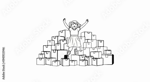 A happy child in a dress leaps with joy atop a large pile of cardboard boxes