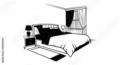 A minimalist bedroom scene with a neatly made bed, nightstand, and window
