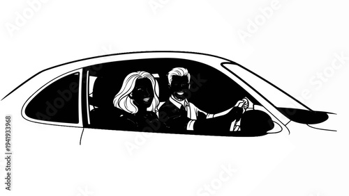 A happy couple rides in a car, a man drives while a woman smiles