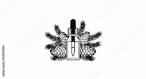 A minimalist black and white illustration of a dropper bottle surrounded by pine cones and needles