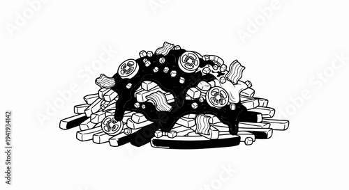 A heap of French fries topped with dark sauce, cheese cubes, bacon, and tomato slices