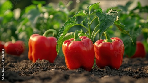 Ripe red bell peppers growing in a garden