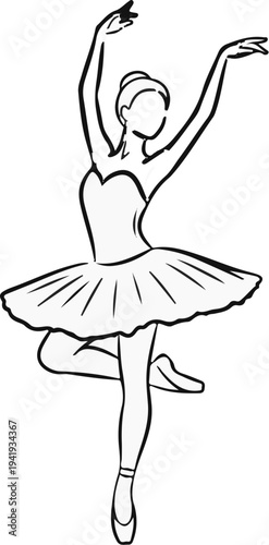 A graceful dancer poised on one leg, arms extended upward, wearing a tutu