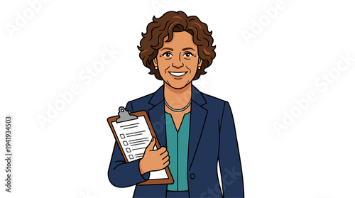 A smiling professional woman in a blue suit holding a clipboard with a checklist, representing organization and task management.