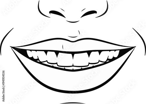 A graphic illustration of a wide, happy smile with prominent teeth and smiling eyes