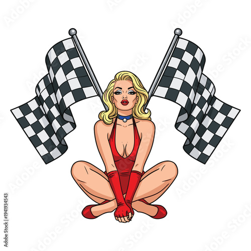 Pop art illustration of a woman with racing flags a vintage pin up style