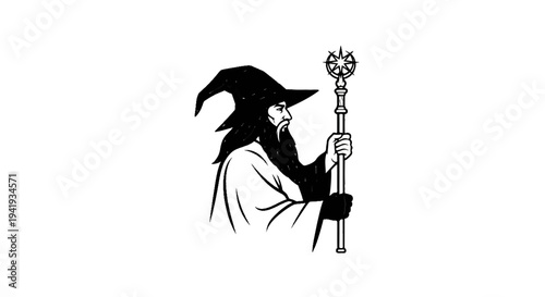 A profile of a wizard in a pointed hat, with a long beard and staff