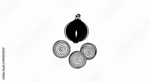 A graphic representation of a halved onion and three onion slices