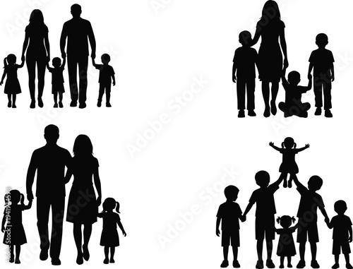 Family silhouettes with parents and children, diversity in family structures, unity, love, parenting, relationships, lifestyle, togetherness, generational bond, support, care, happiness