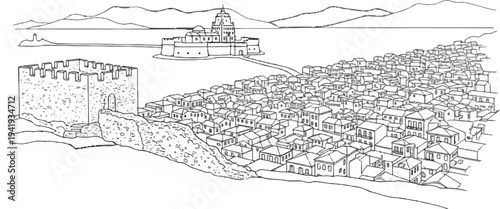 A historical seaside town with a prominent castle overlooking the sea and mountains