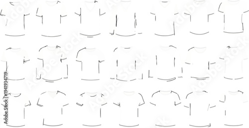 A grid of 18 simple line drawings of t-shirts, some v-neck