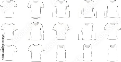 A grid of diverse hand-drawn t-shirt and tank top styles, showcasing various necklines and sleeve lengths