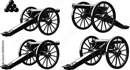 Four stylized cannon silhouettes with spoked wheels and stacked cannonballs, historical military artillery illustration, war weapon design concept