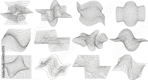 A grid-patterned collage of abstract, organic, and geometric wireframe forms