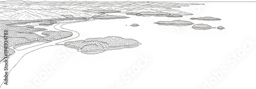 A serene aerial view of a winding river flowing through a lush, forested landscape toward the sea