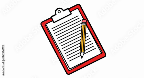 A red clipboard with blank lined paper and a yellow pencil rests on a white background
