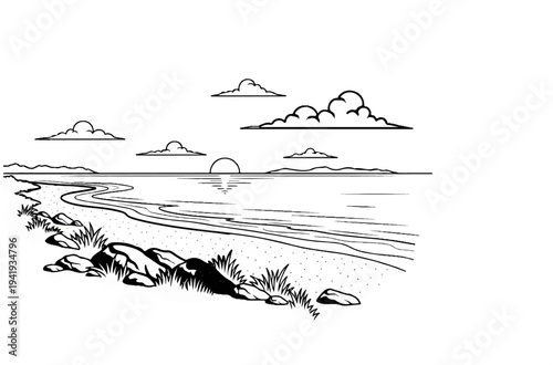 A serene coastal scene depicts a sunrise over the ocean with sandy shores and rocks