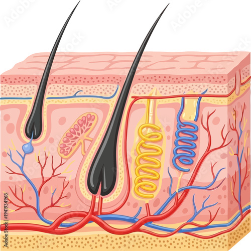 Detailed skin anatomy with hair follicles and blood vessels