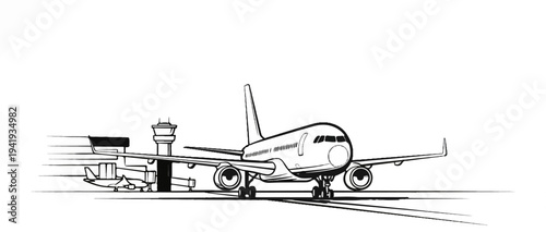 A jet airplane on a tarmac next to a control tower and terminal
