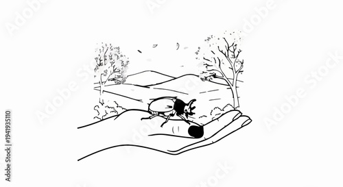 A hand holds a beetle against a backdrop of rolling hills and trees