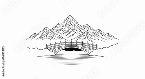 A serene mountain landscape with a stone bridge spanning a tranquil river
