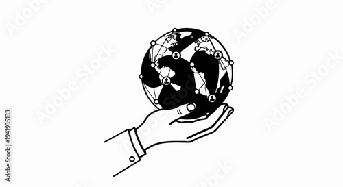 A hand holds a network of people across a globe
