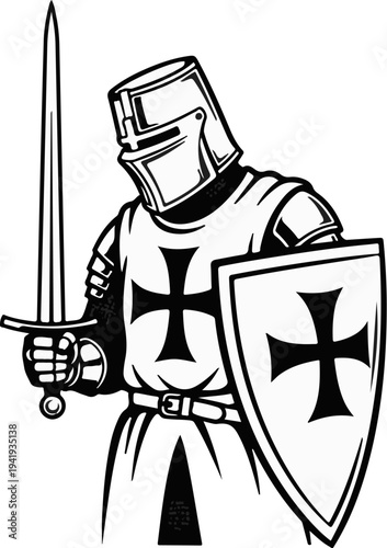 A knight in full armor, holding a sword and shield with a cross
