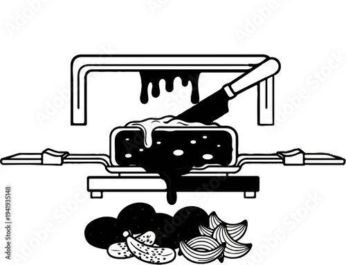 A knife slices into a block of melting cheese over a raclette grill with sides